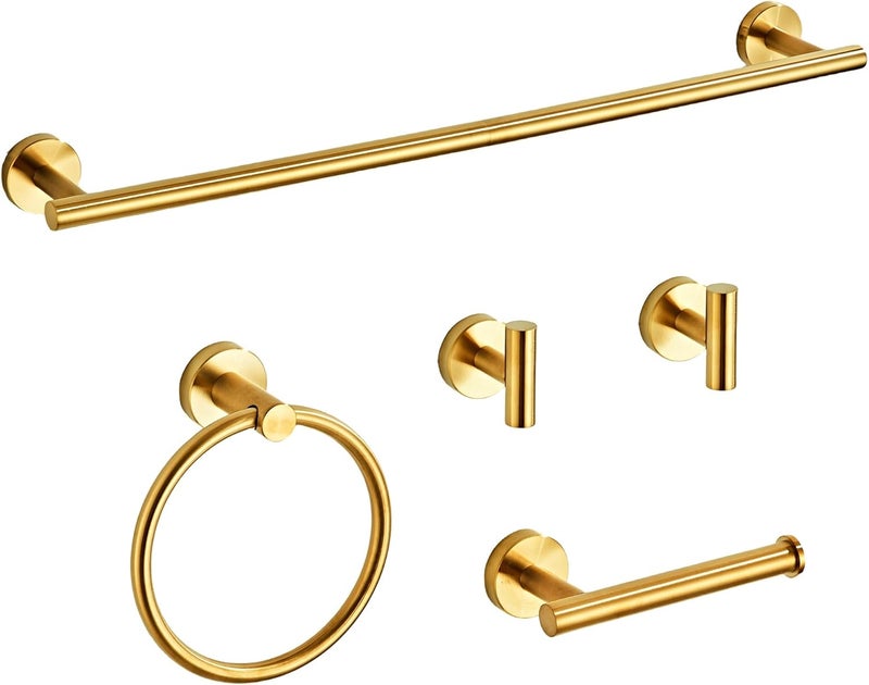 KUUBTH Brushed Gold Bathroom Hardware Set 5 Piece with Towel Racks for Bathroom, SUS304 Stainless Steel Bath Towel Bar Set, 24 Inch Wall Mounted Accessories Kit… - Image 1